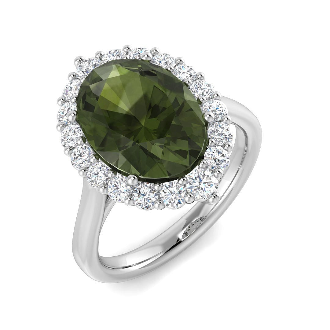 Oval Green Tourmaline Ring with Round Halo Diamonds | Lab & Natural