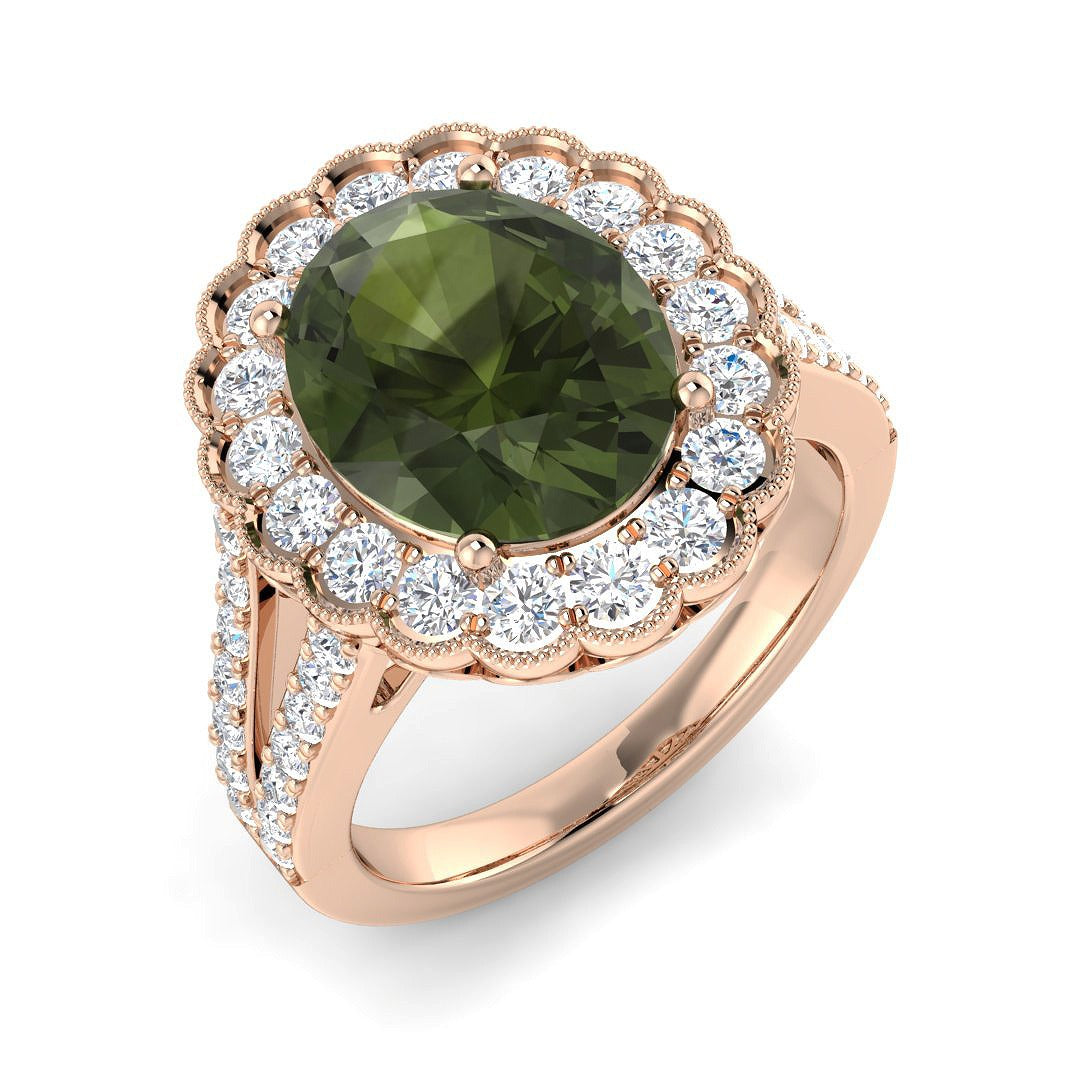 Lab-Grown Oval Green Tourmaline Halo Ring | Round Diamond Side Stones