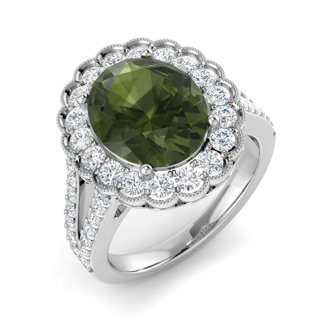 Lab-Grown Oval Green Tourmaline Halo Ring | Round Diamond Side Stones