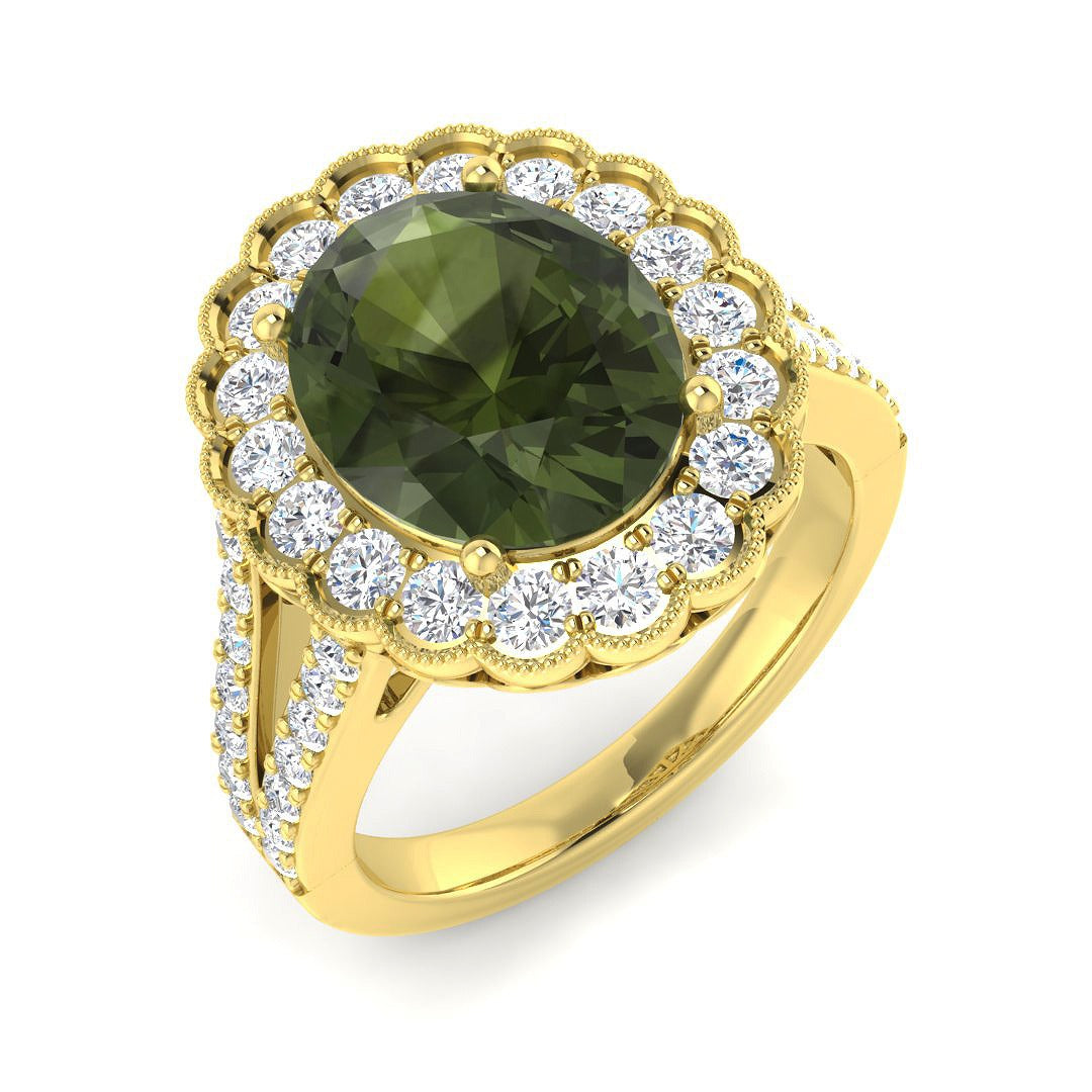 Lab-Grown Oval Green Tourmaline Halo Ring | Round Diamond Side Stones
