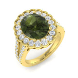 Lab-Grown Oval Green Tourmaline Halo Ring | Round Diamond Side Stones