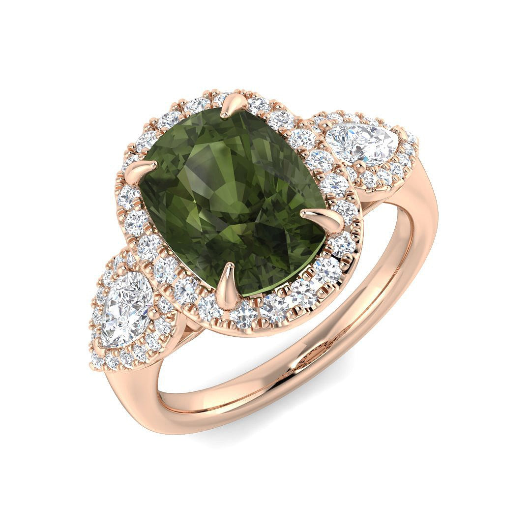Green Tourmaline Ring with Diamond Halo | UK Hallmarked