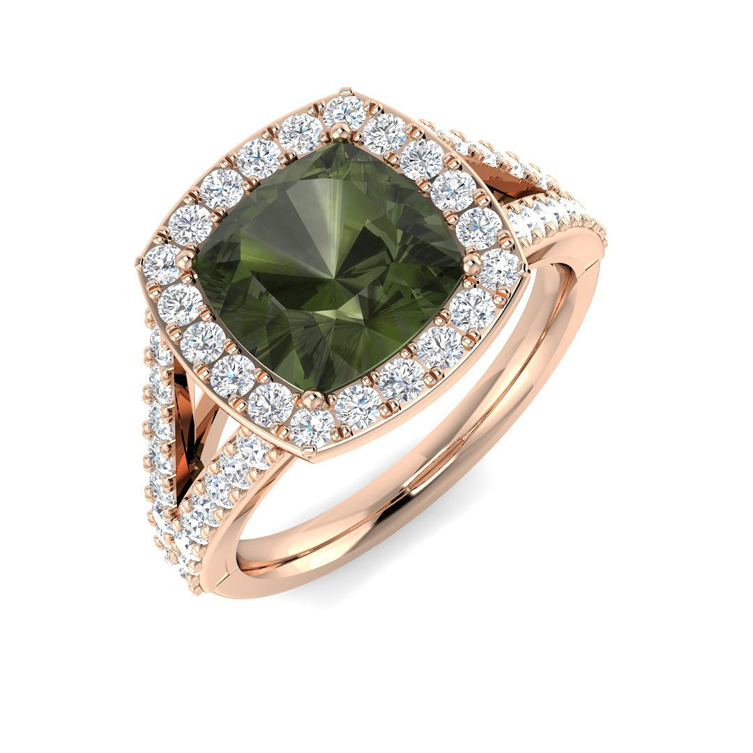 Cushion Green Tourmaline Halo Ring | 4ct | Lab & Natural Diamonds