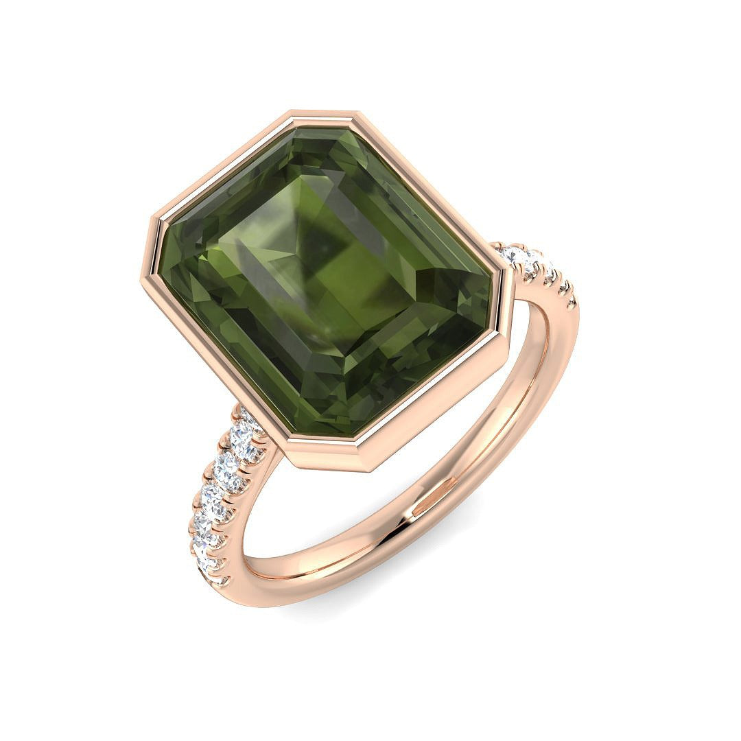 Green Tourmaline Emerald Cut Ring | 5.5ct | Lab & Natural Diamond | UK Hallmarked