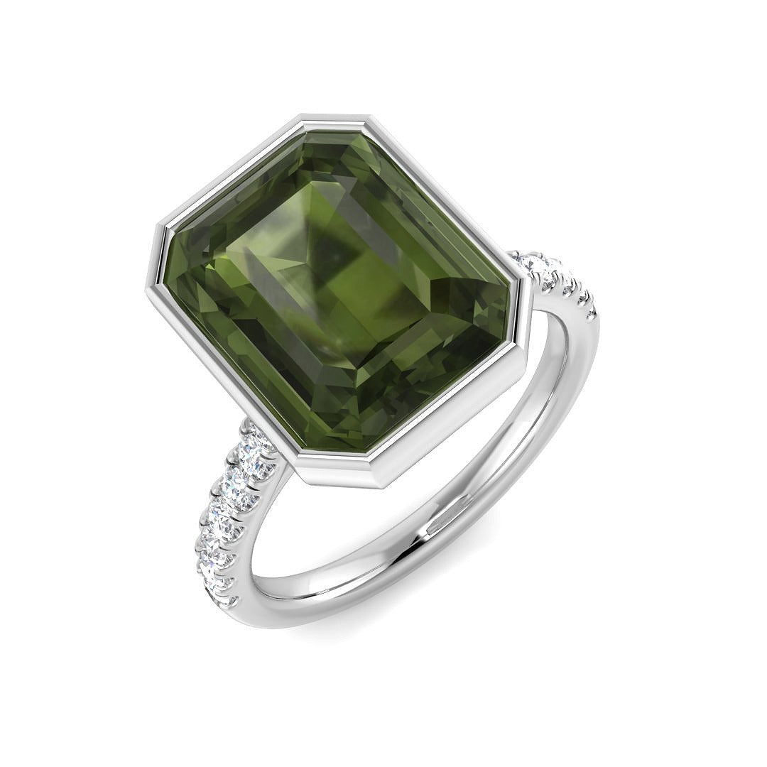 Green Tourmaline Emerald Cut Ring | 5.5ct | Lab & Natural Diamond | UK Hallmarked