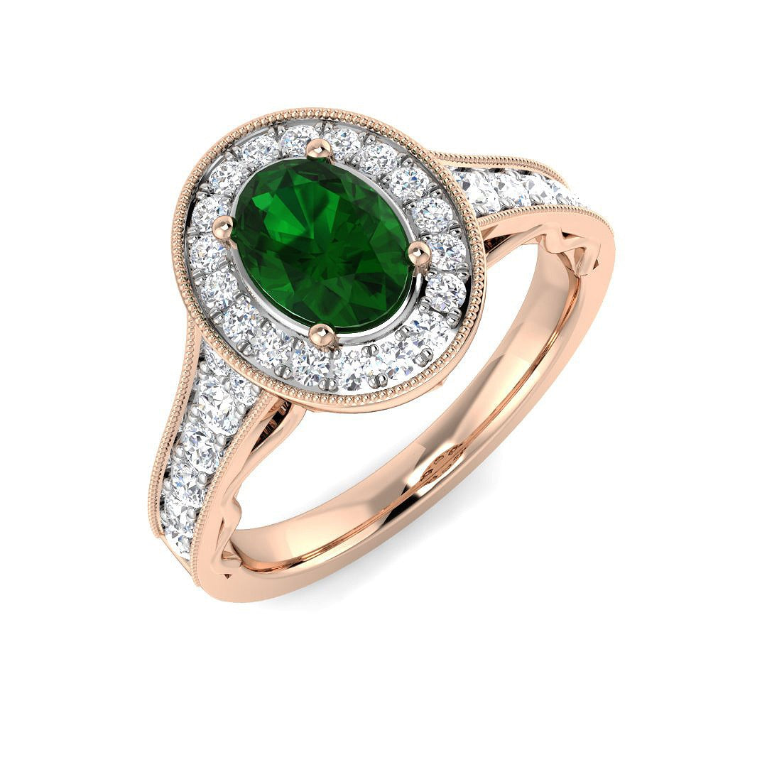 oval green emerald diamond halo ring
