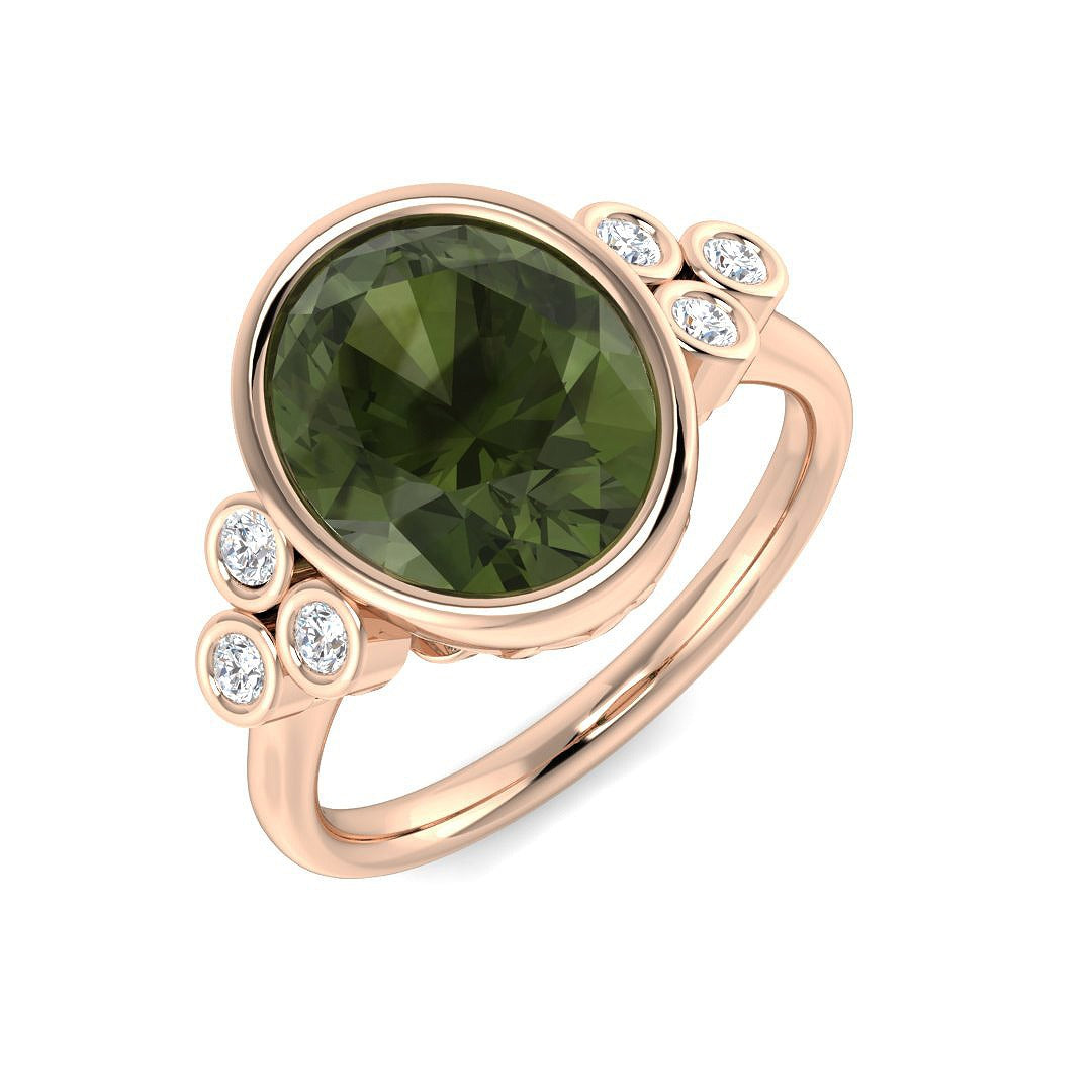 Oval Green Tourmaline Engagement Ring | Lab & Natural Diamond Side Stones
