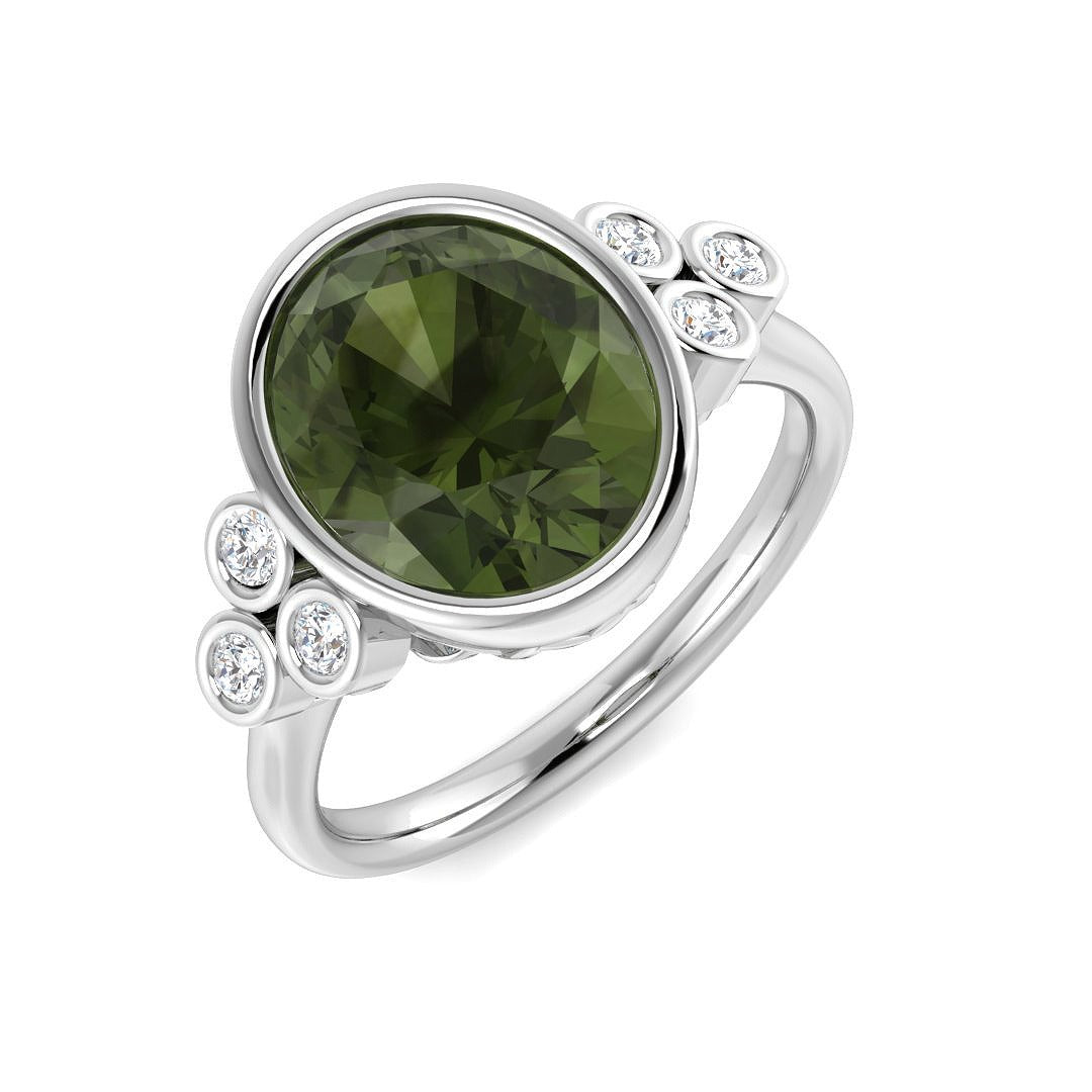 Oval Green Tourmaline Engagement Ring | Lab & Natural Diamond Side Stones