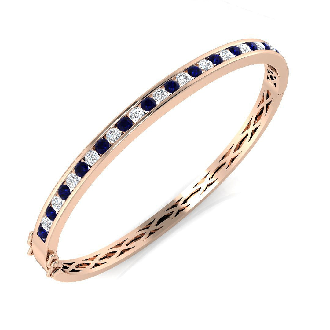 9K Yellow Gold Blue Sapphire and Natural Diamond Channel Set Gemstone Bangle