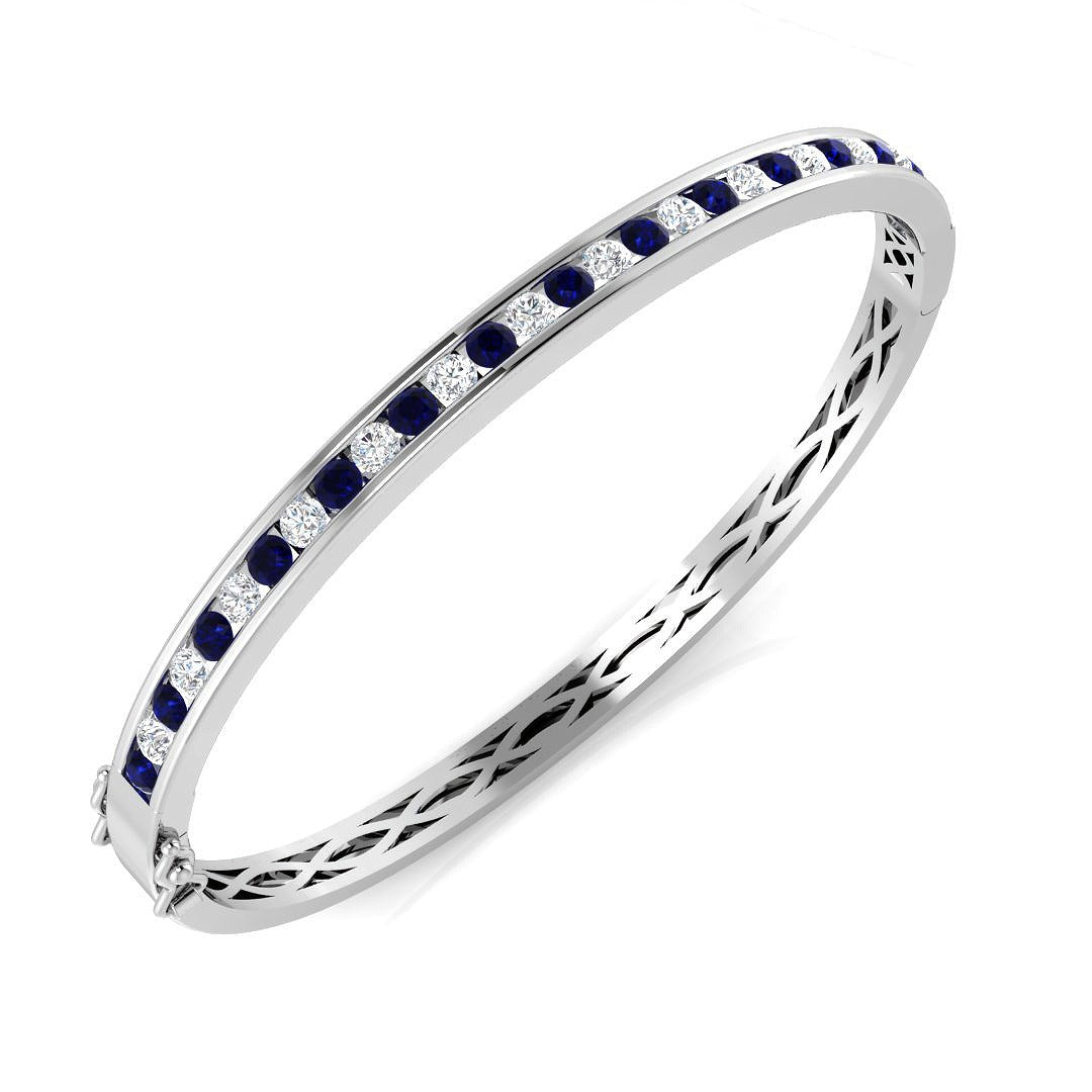 9K Yellow Gold Blue Sapphire and Natural Diamond Channel Set Gemstone Bangle