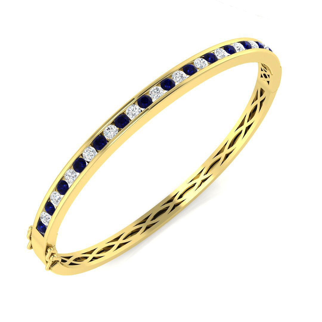 9K Yellow Gold Blue Sapphire and Natural Diamond Channel Set Gemstone Bangle