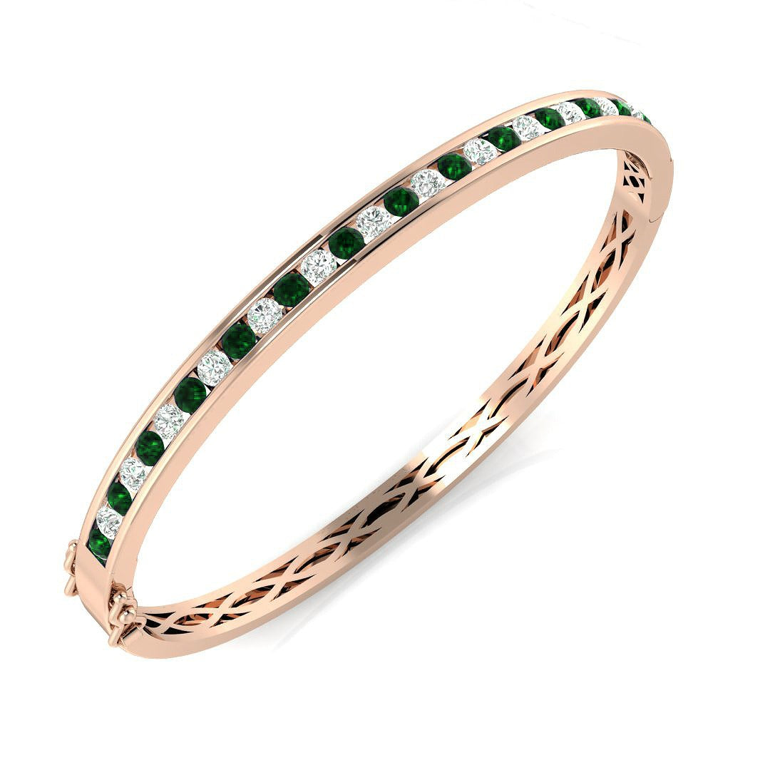 18K White Gold Natural Diamond and Emerald Channel Set Hinged Bangle with Box Clasp