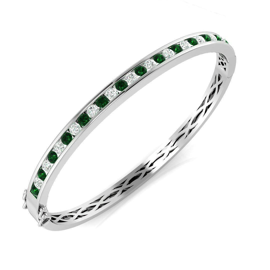 18K White Gold Natural Diamond and Emerald Channel Set Hinged Bangle with Box Clasp