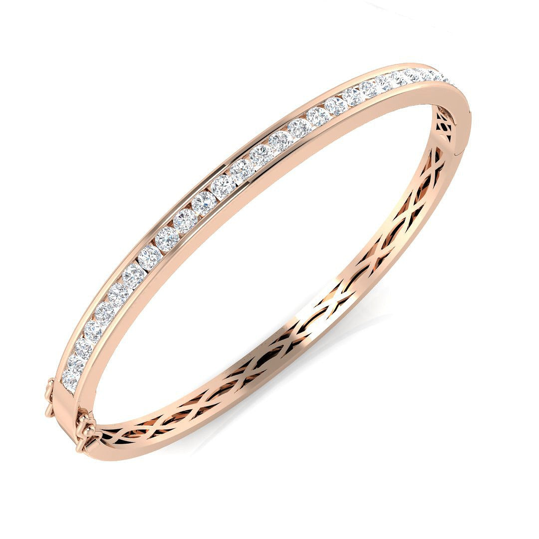 Natural Round Channel Set Diamond Bangle in 9K Yellow Gold with Hinged Box Clasp
