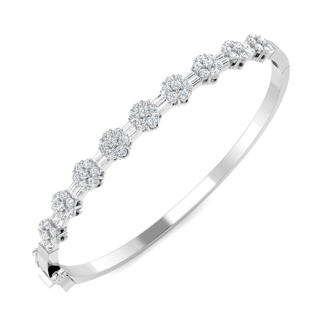 18K Yellow Gold Natural Baguette and Round Cut Floral Eternity Bangle with Hinged Box Lock