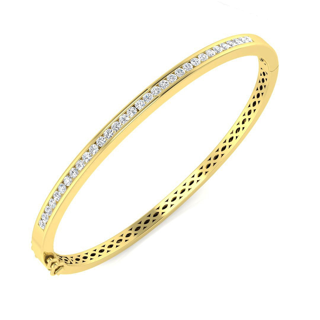 Natural Round Channel Set Diamond Bangle in 9K Yellow Gold with Hinged Box Clasp