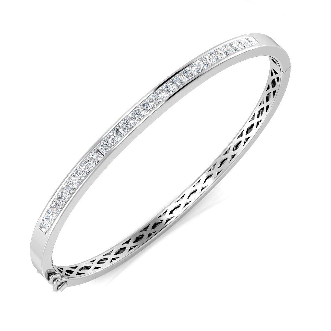 9K White Gold Natural Princess Cut Channel Set Diamond Bangle in Channel Set with Hinged Lock