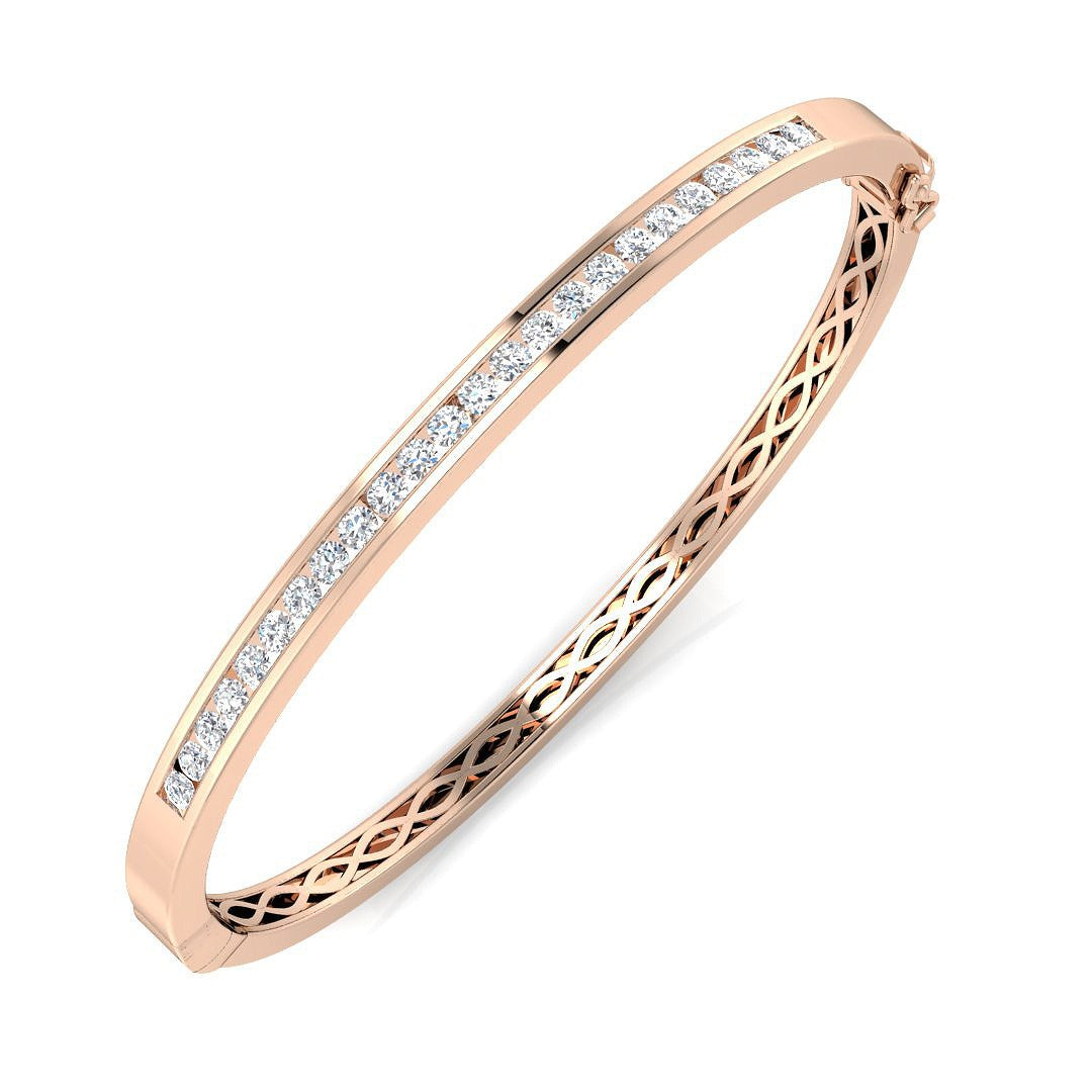 Natural Round Channel Set Diamond Bangle in 9K Yellow Gold with Hinged Box Clasp