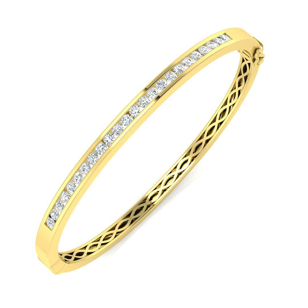 Natural Round Channel Set Diamond Bangle in 9K Yellow Gold with Hinged Box Clasp