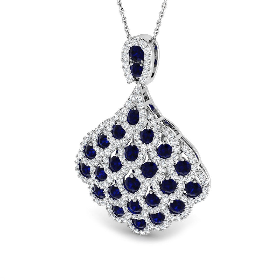 Blue Sapphire Pendant Necklace with Diamond Peacock Design