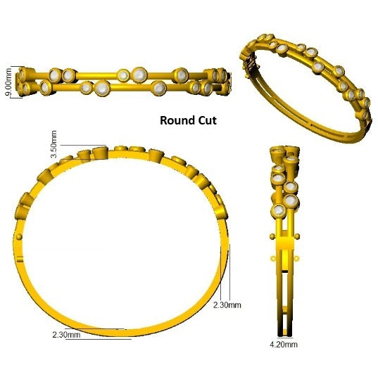 9K Yellow Gold Round Cut Lab Grown Diamond Bezel Set Bubble Hinged Bangle with Box Clasp