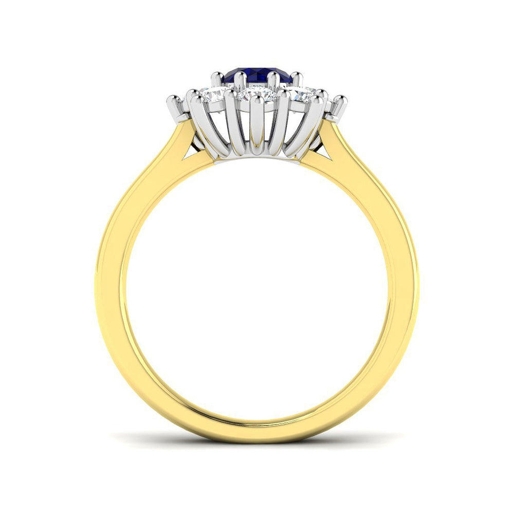 blue sapphire halo cluster ring two tone band