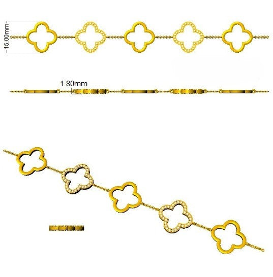 18K Gold Lab Grown Diamond Four Leaf Clover Bracelet – Pave Set with Chain & Lobster Clasp