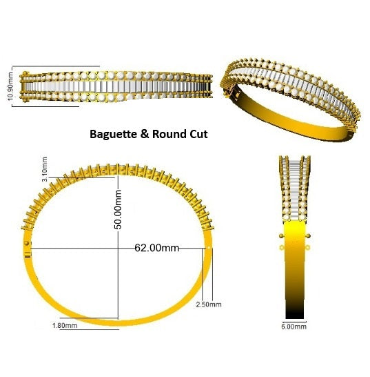 9K Yellow Gold Natural Baguette and Round Cut Diamond Half Channel Pave Set Bangle