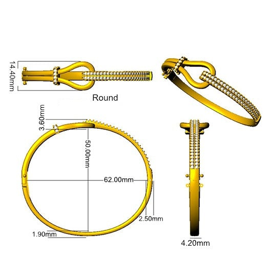 9K Yellow Gold Natural Round Cut Pave Set Knot Design Diamond Bangle with Hinged Lock