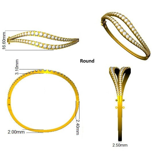 9K Yellow Gold Curve Design Natural Round Cut Diamond Fancy Bangle with Box Lock