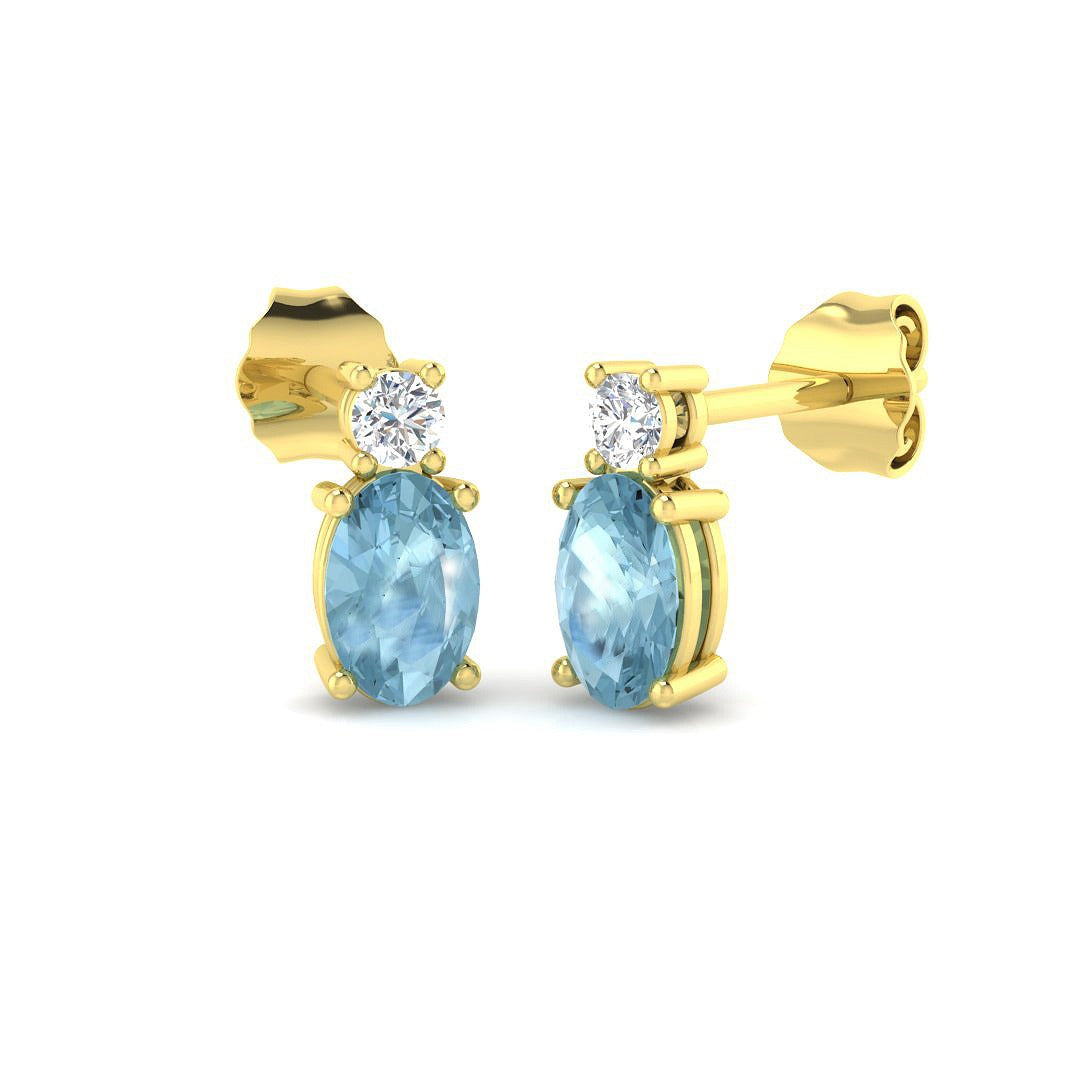 Stud Earrings with Aquamarine Oval Solitaire and Diamond - Gold