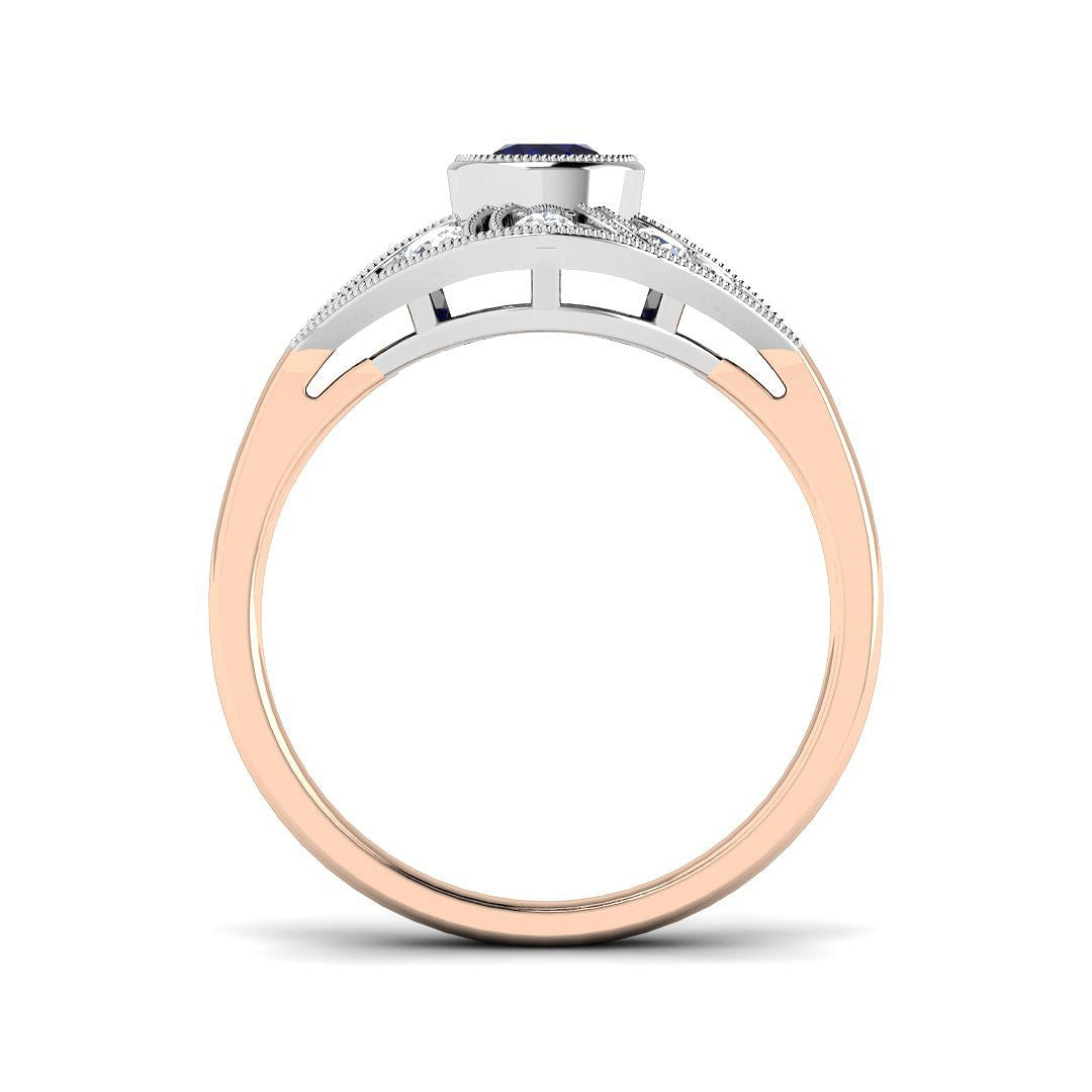 Vintage Blue Sapphire Halo Ring in Milgrain Round Pave Set | Engagement Ring