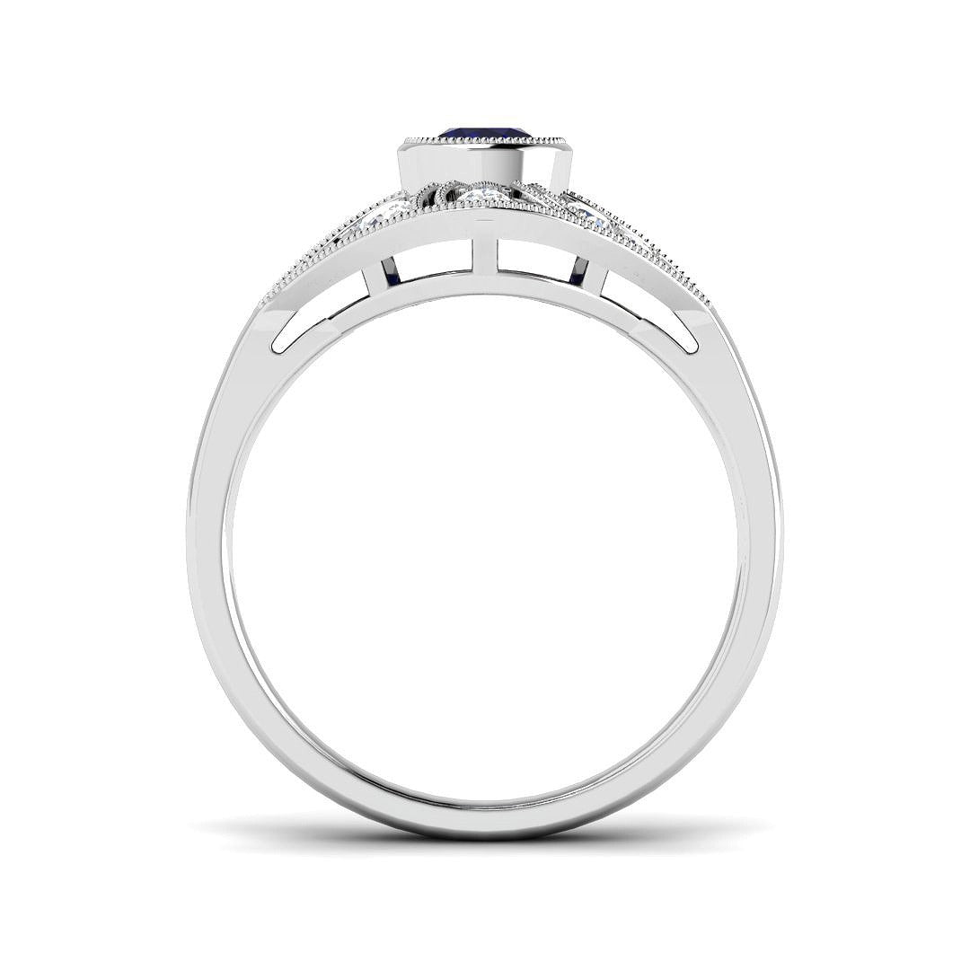 Vintage Blue Sapphire Halo Ring in Milgrain Round Pave Set | Engagement Ring