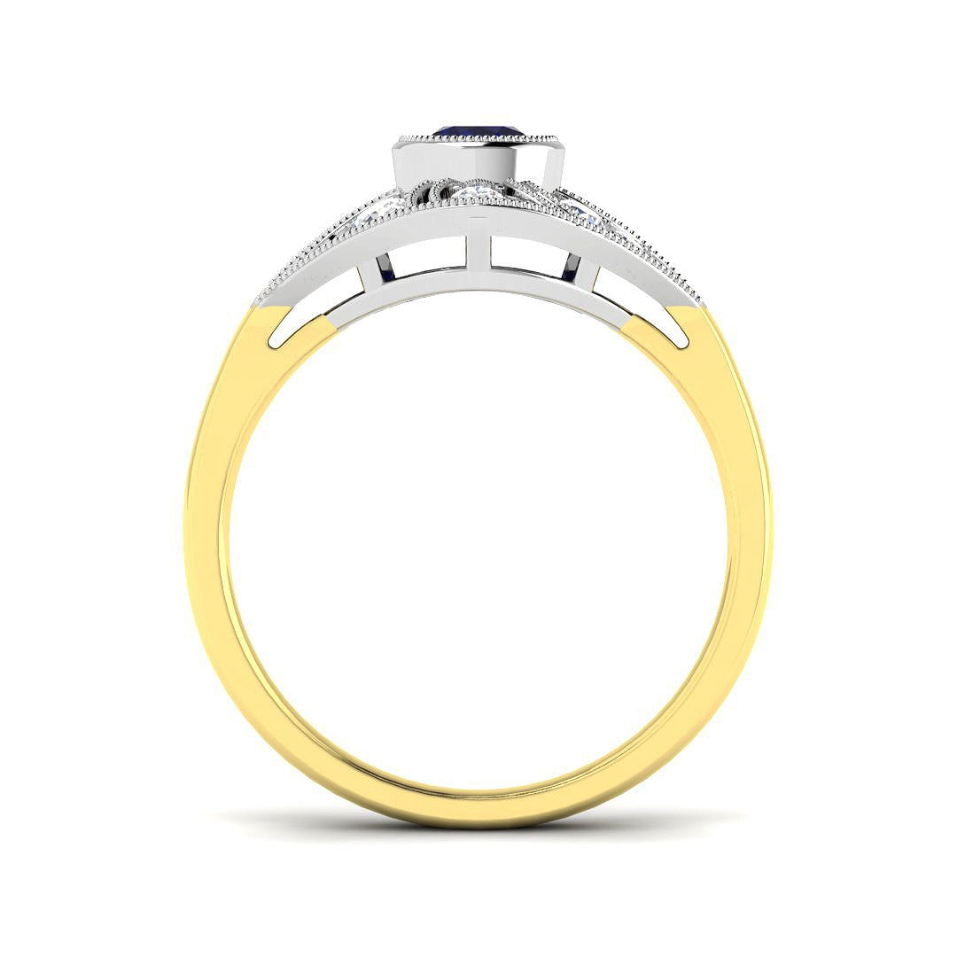 Vintage Blue Sapphire Halo Ring in Milgrain Round Pave Set | Engagement Ring