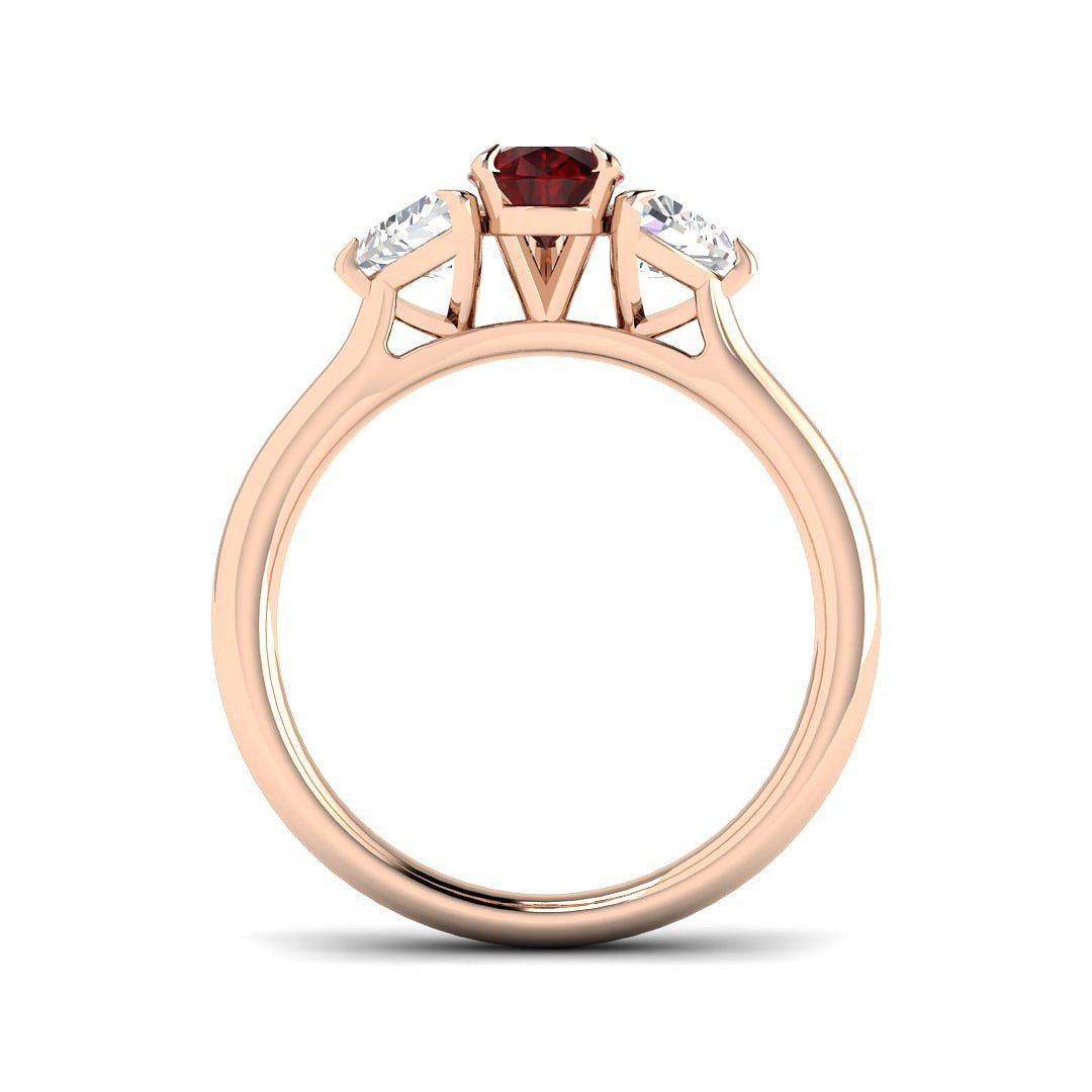 Ruby Trilogy Ring with Pear Cut Ruby & Trillion Diamond Side Stones