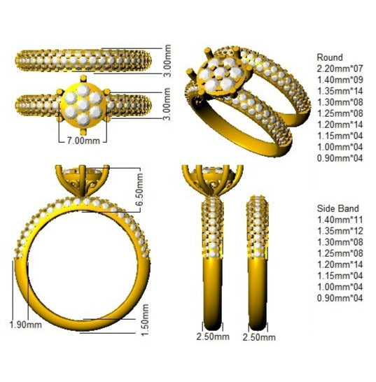 Natural Round Cut Diamond Solitaire Bridal Set Cluster Ring.
