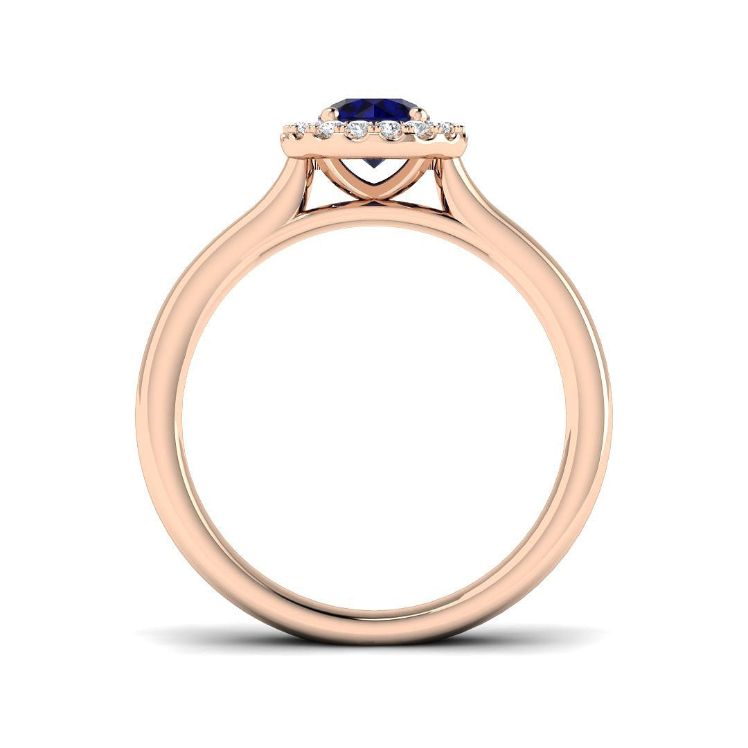 Diamond Blue Sapphire Halo Ring with Round Natural Pave Diamond | Gemstone Ring