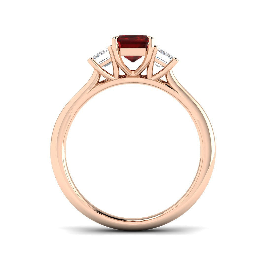 Ruby Three Stone Ring with Emerald Cut Diamond Side Stones | Trilogy