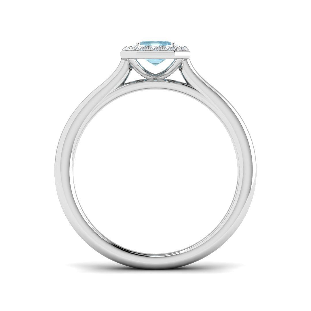 Side profile of Emerald Cut Aquamarine Halo Ring