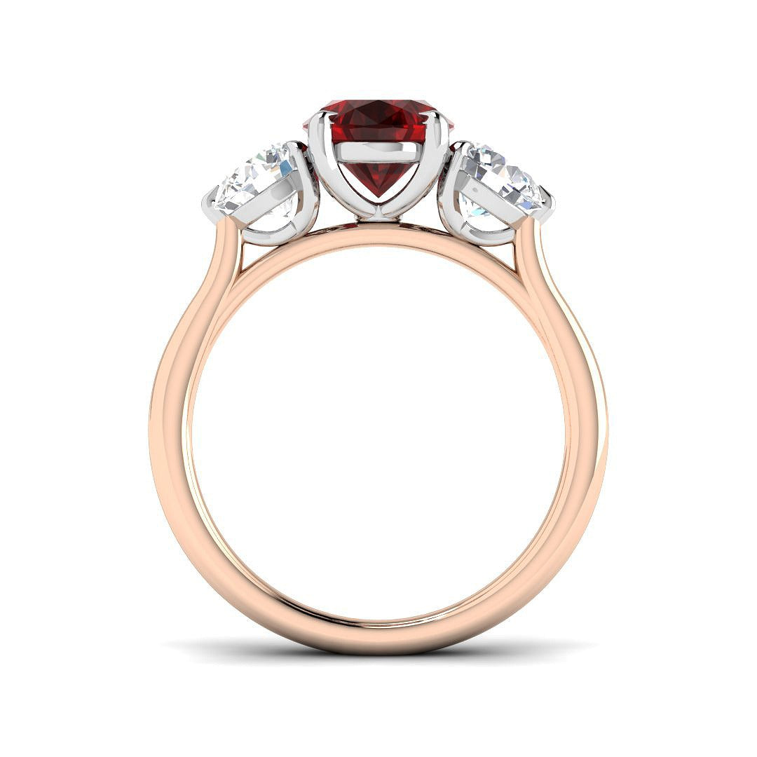 Ruby Three Stone Ring with Oval Cut & Diamond Side Stones | Trilogy
