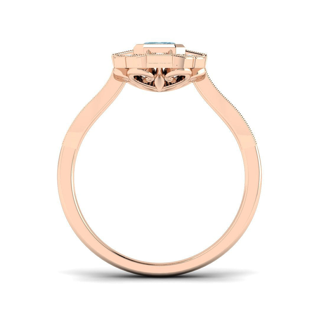 Yellow Gold Emerald Cut Aquamarine Ring with Round Pavé Diamonds