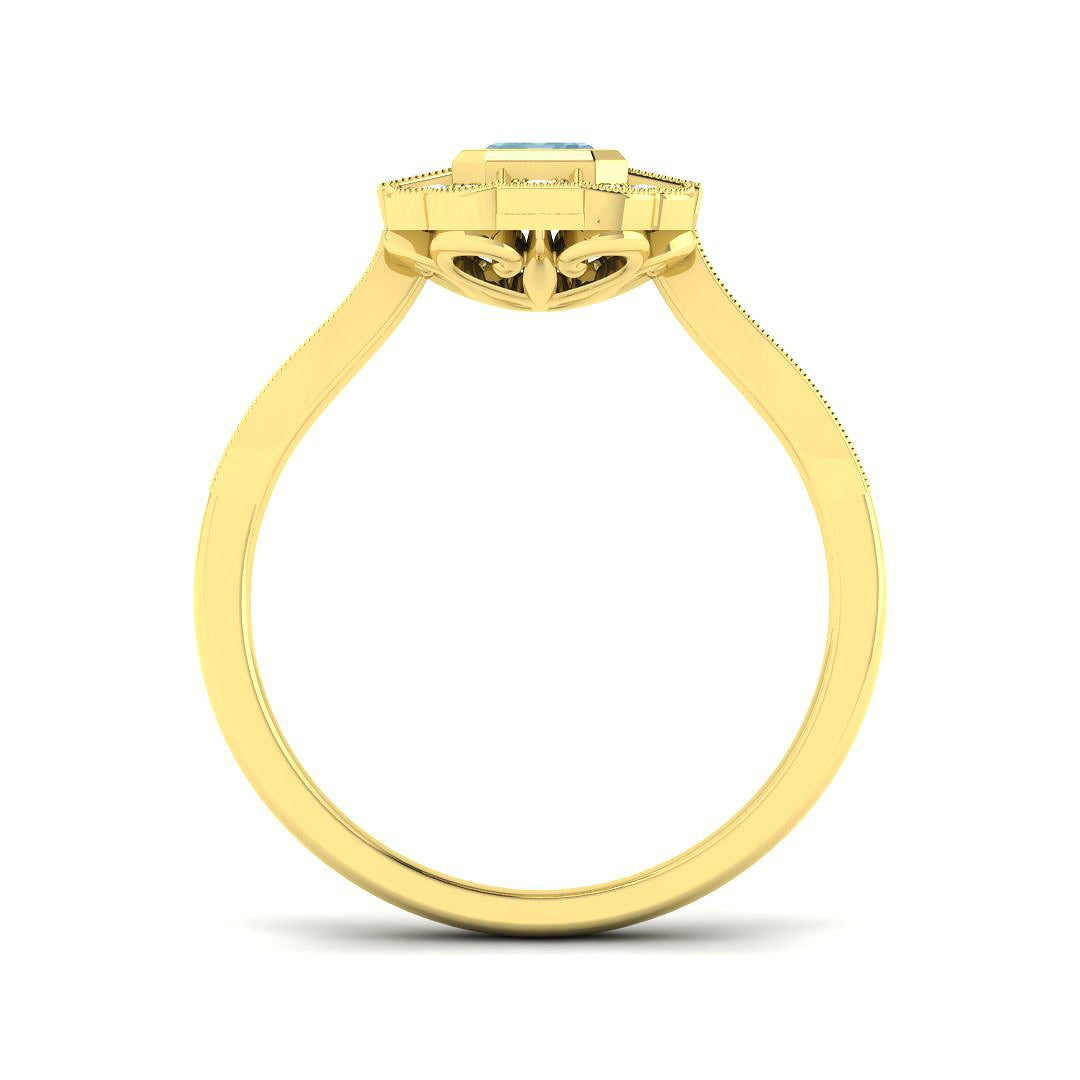 Rose Gold Emerald Cut Aquamarine Ring with Vintage Diamond Details