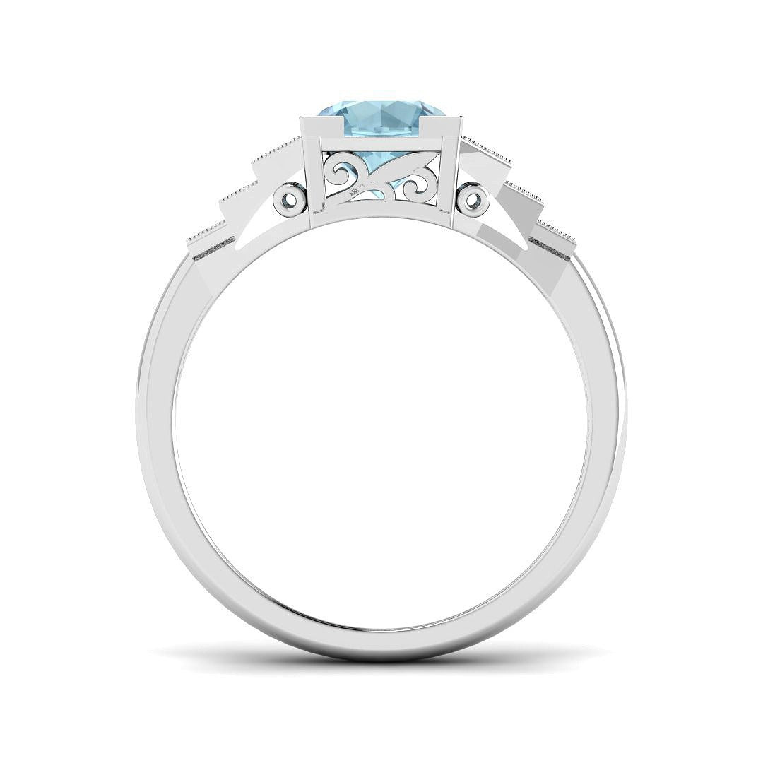 Side Profile Round Cut Aquamarine Ring with Diamond Accents