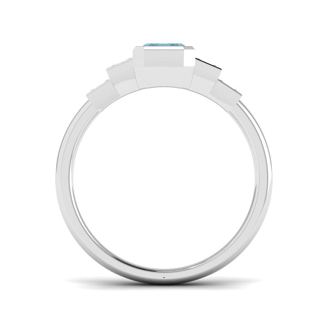 Side profile of Emerald Cut Aquamarine Ring with Diamond Accents