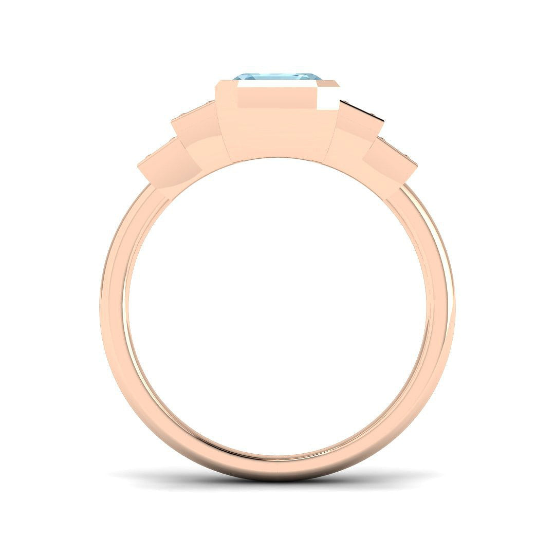 Emerald Cut Aquamarine Ring with Round Pave Diamonds in White Gold