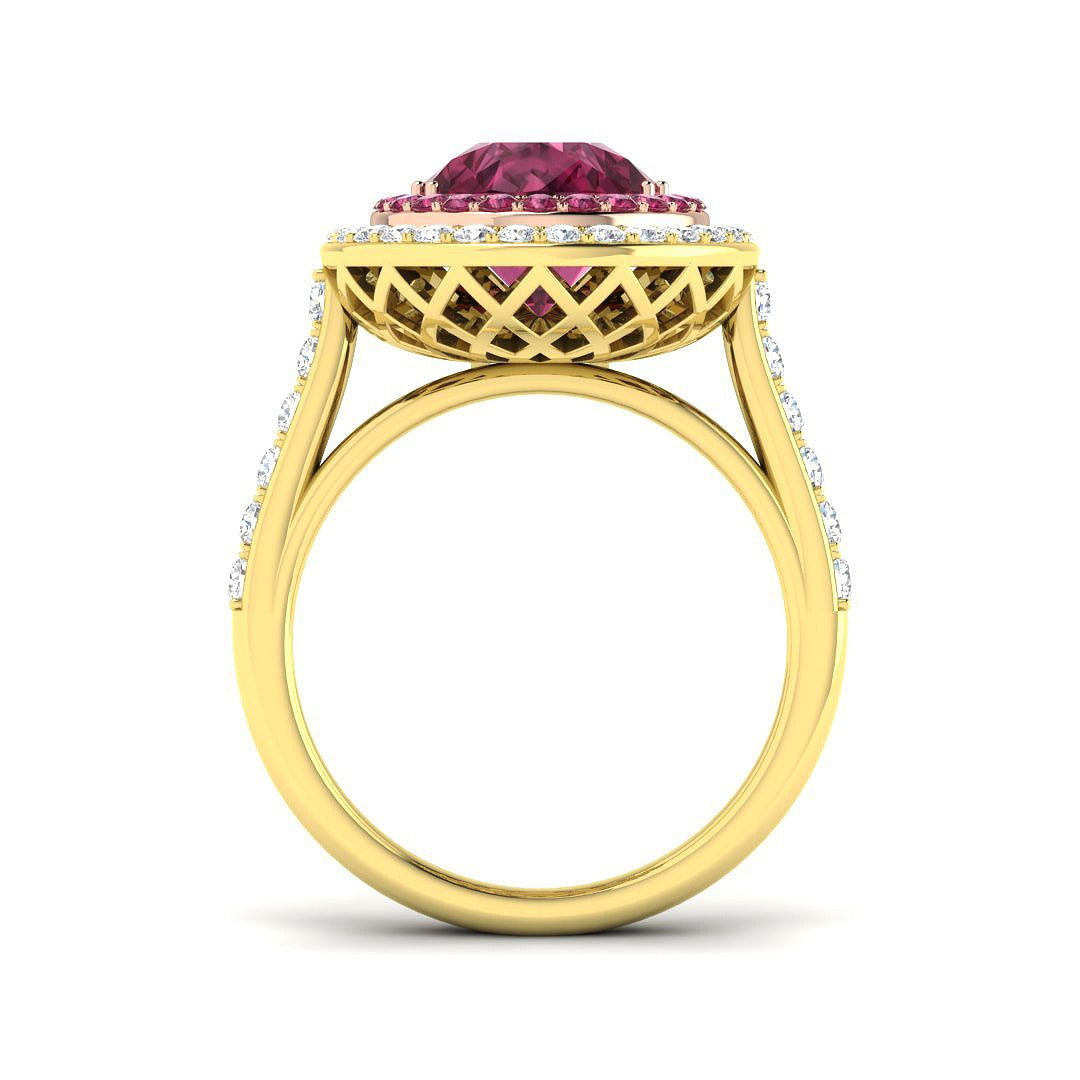 Pink Tourmaline Halo Ring showcasing pear cut stone and diamond pavé halo, designed for elegance and luxury.