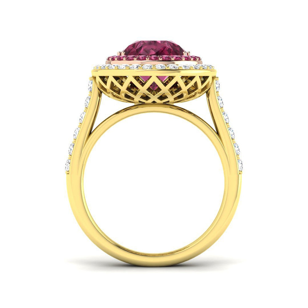Pink Tourmaline Halo Ring showcasing pear cut stone and diamond pavé halo, designed for elegance and luxury.