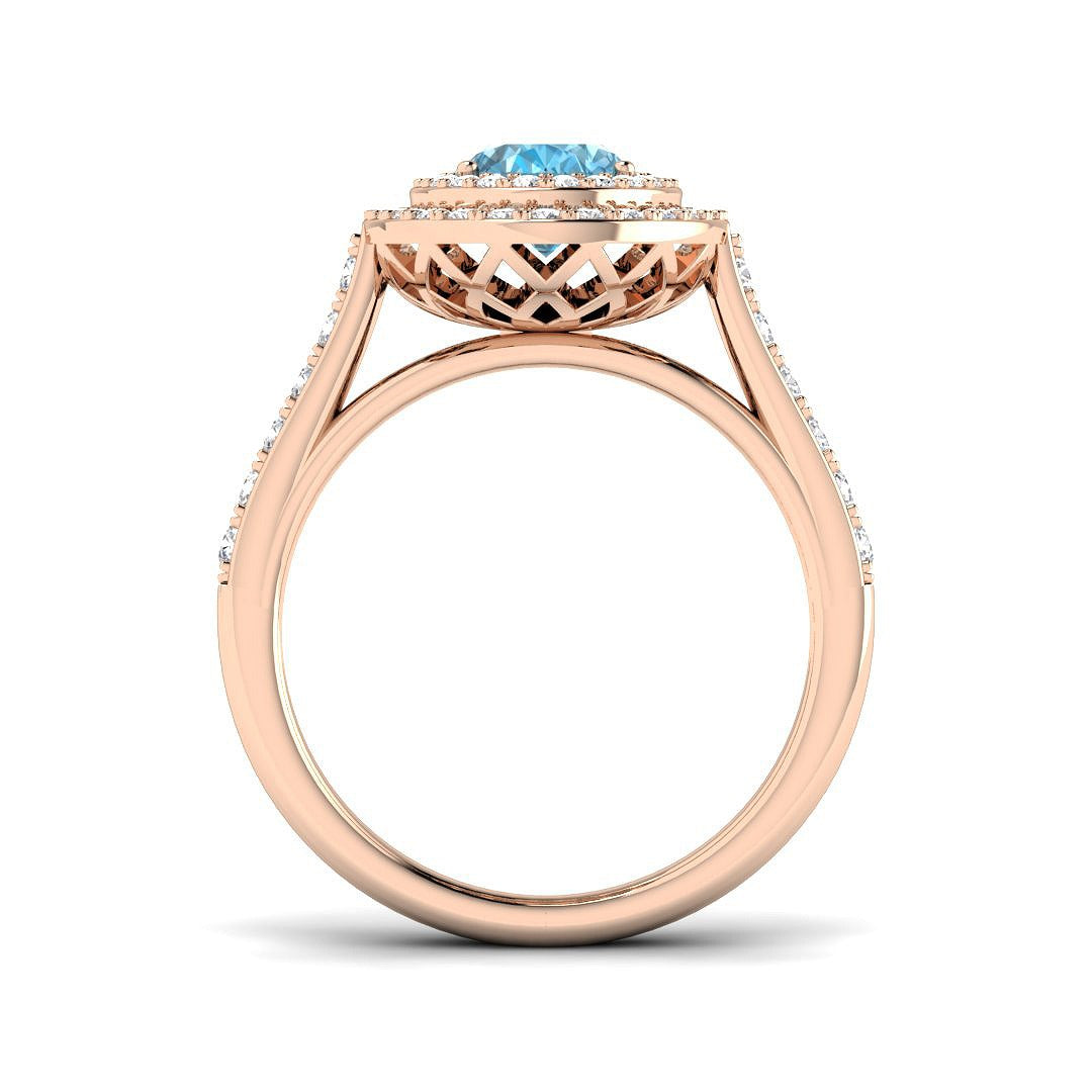 Blue Topaz Double Halo Ring with Round Pave Diamonds in Yellow Gold