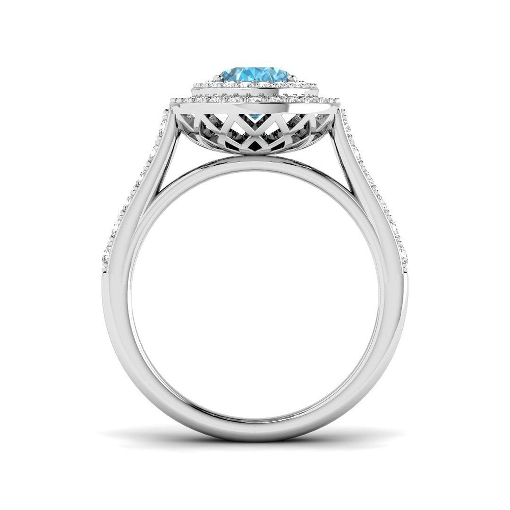 Side View Blue Topaz Double Halo Ring with Round Pave Diamonds