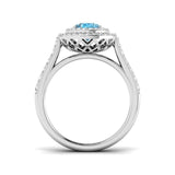 Side View Blue Topaz Double Halo Ring with Round Pave Diamonds